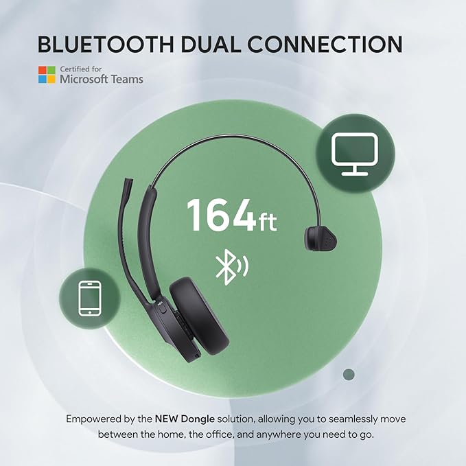 Yealink BH70 with Stand Wireless Bluetooth Headset with Microphone for Work, up to 35h Talking Battery Life, 3 Noise Cancellation Mics, Teams Certified, ≤90min Fast Charging, NO Power Adapter Needed