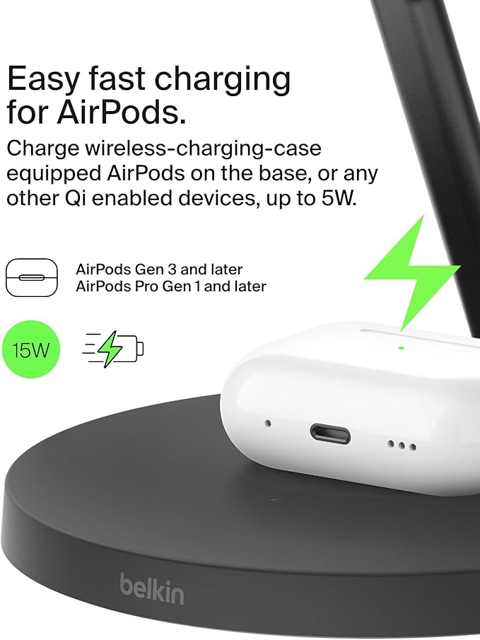 Belkin MagSafe-Compatible iPhone Charger, 3-in-1 Wireless Charging Station, Qi2-Certified 15W Wireless Charge for Apple iPhone 17 Series, Apple Watch, AirPods w/Non-Slip Base, 40W Included - Black