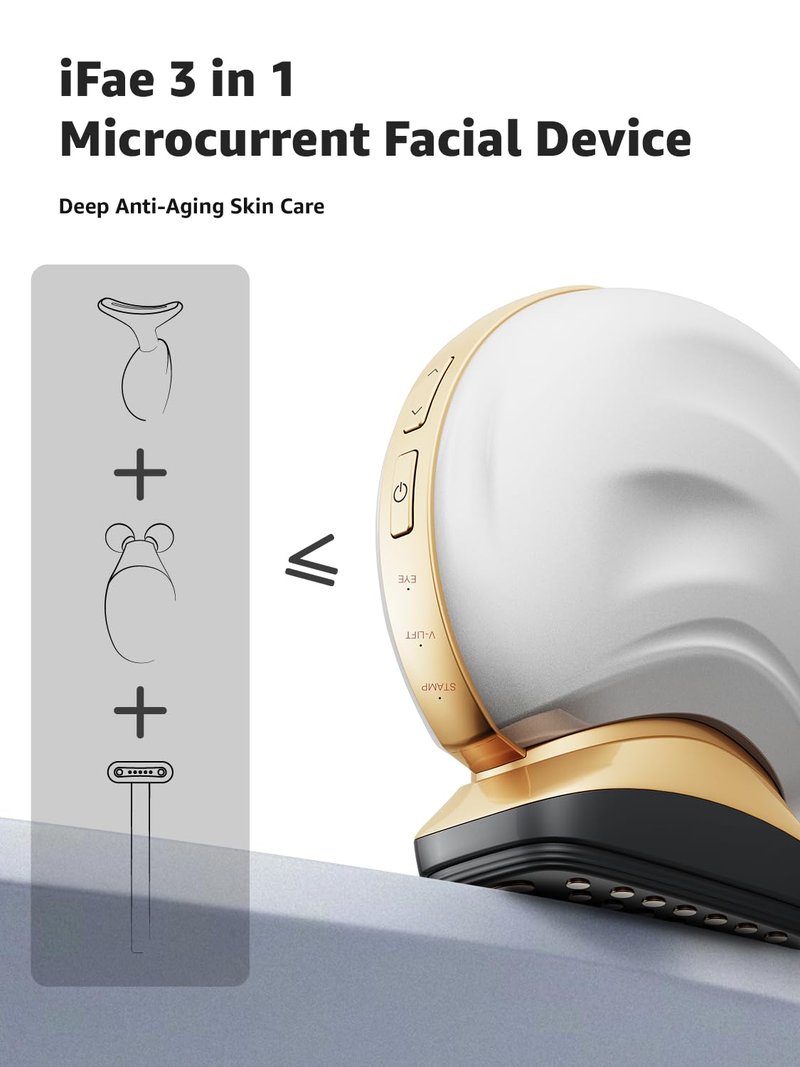 Microcurrent Facial Device - 3-in-1 Light Therapy for Lifting, Tightening & Skin Rejuvenation | Portable Anti-Aging Device (White)
