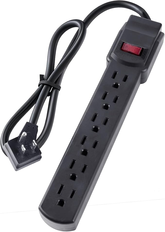 PowerEnvy 6-Outlet Surge Protector – 250 Joules, 2ft Cord, 15A/125V, 1875W Max – Right Angle Plug, Black – Home, Office, & Electronics Protection