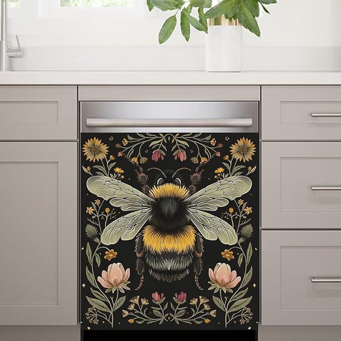 Flower and Bee Pattern Dishwasher Magnetic Cover Sticker Magnetic Refrigerator Full Door Cover Sticker Kitchen Decor Panel Decal 23W x 26H inchs