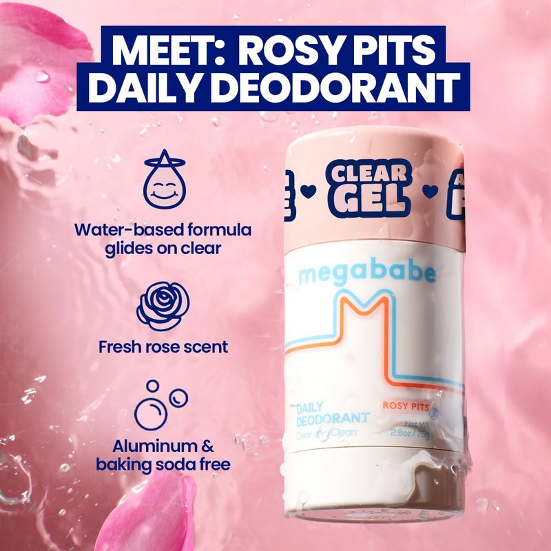Megababe Daily Deodorant Rosy Pits | Summer and Hot Weather Essential | Aluminum-Free, Clear & Clean | 2.6 oz (Pack of 1)