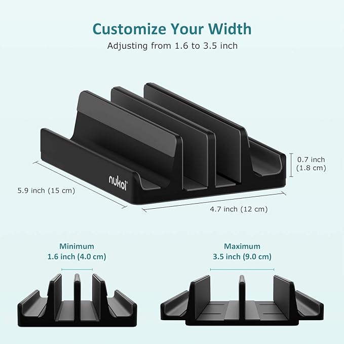 Nukoi Vertical Laptop Stand - SPACEMax Adjustable GRIPLock Anti-Tip Silicone 4 Slots Aluminum Desktop Holder - Double Dock Stand - 2 Phone Slots Fits Up to 17.3” Laptops, Tablets, Phones - Black