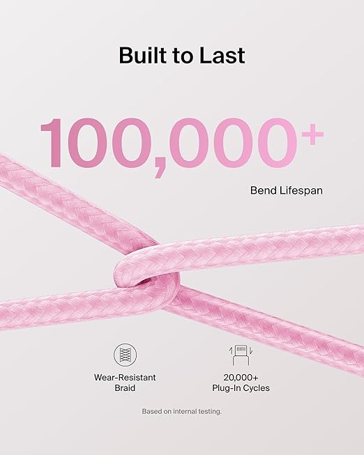 Belkin USB C to USB C Cable 2-Pack, 6.6ft, 60W - Type C Charger, iPhone Charger Cord, Soft, Braided, Flexible for iPhone 17, Galaxy S25, Pixel 10, Airpods, iPad Pro & More, Travel Essentials - Pink