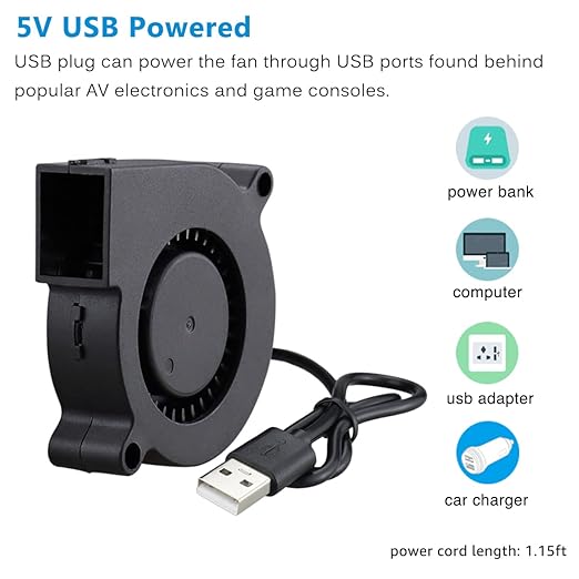 GDSTIME 50mm USB Blower Fan with 3 Speeds Control, 5015 DC 5V Turbine Turbo Cooling Fan for Small Appliances Series Replacement
