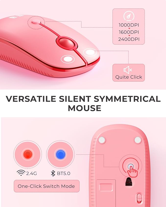 seenda Bluetooth Keyboard and Mouse for iPad, CTU-301 Wireless Multi-Device Connection Bluetooth+2.4G Keyboard Mouse Combo with Tablet Holder for iPad/MacBook/Windows, iOS/Android/Phone, Coral Pink