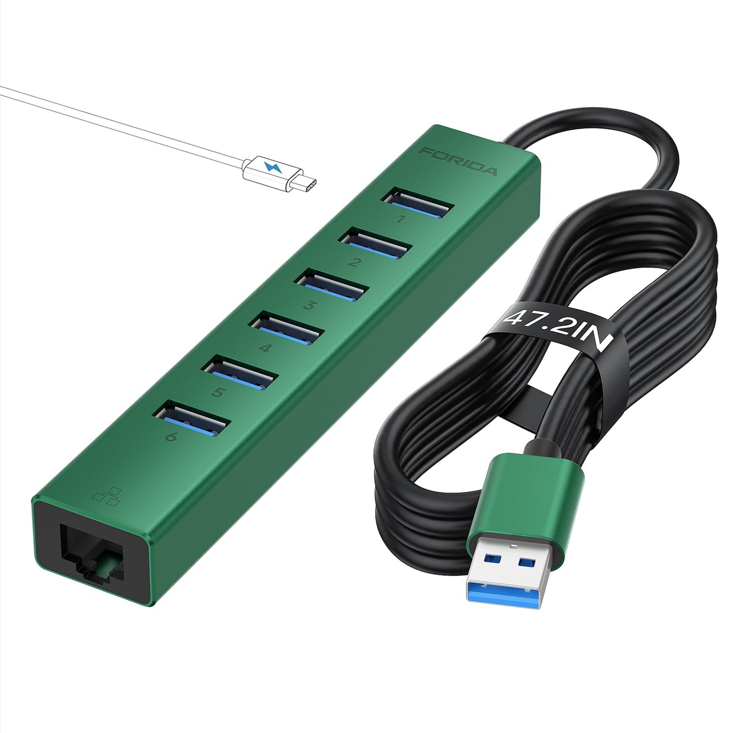 7 Ports USB 3.0 Hub, USB to Network HUB with 3.9ft Long Cable for Laptop, USB Splitter with Gigabit Ethernet Port and 5V/3A Power Port, MultiPort Aluminum Hub for iMac, PC, Flash Drives (Green)