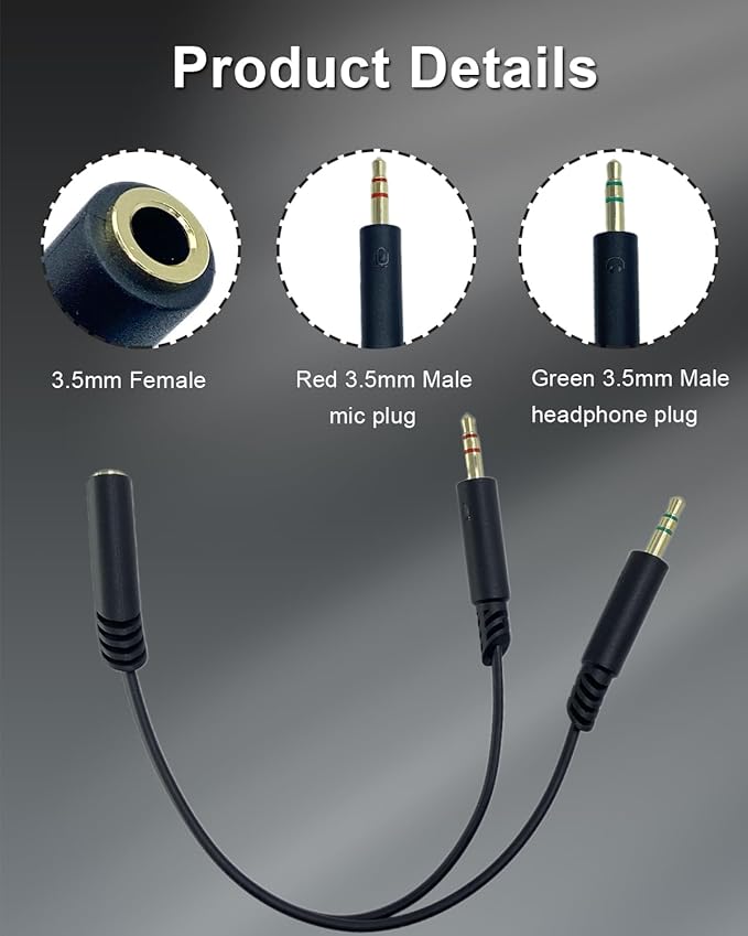 SPTSSWET Headphone Splitter 3.5mm Female to 2 Dual 3.5mm Male Headphone Mic Audio Y Splitter Cable for Computer Headset Microphone Gaming Speaker to Dual Jack PC Laptop Adapter,Black