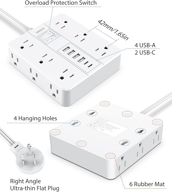 Power Strip 15 Ft Extension Cord, 12 Widely Spaced Outlets 6 USB (2 USB C) Ports, Ultra Thin Flat Plug Power Strip for Home, Office, Dorm Room Essentials