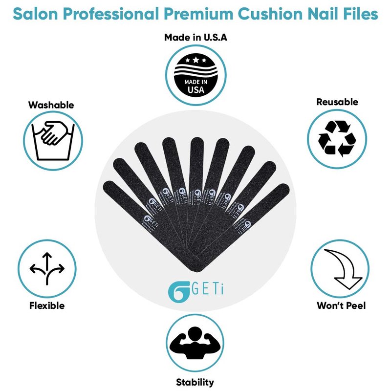Nail File 180 grit / 180 grit | Natural,Gel or Acrylic | Washable and Reusable | Black Emery Cushion | 10-Pack by Geti Beauty | U.S.A. Made