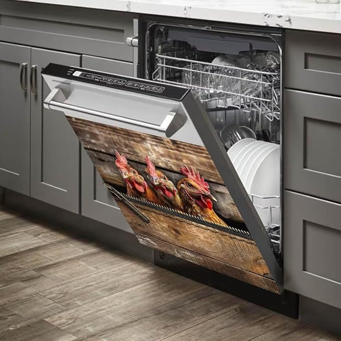 Wood Board and Rooster Pattern Dishwasher Magnet Cover Sticker Magnetic Refrigerator Panel Sticker Decorative Front Door Decal 23W x 26H inchs