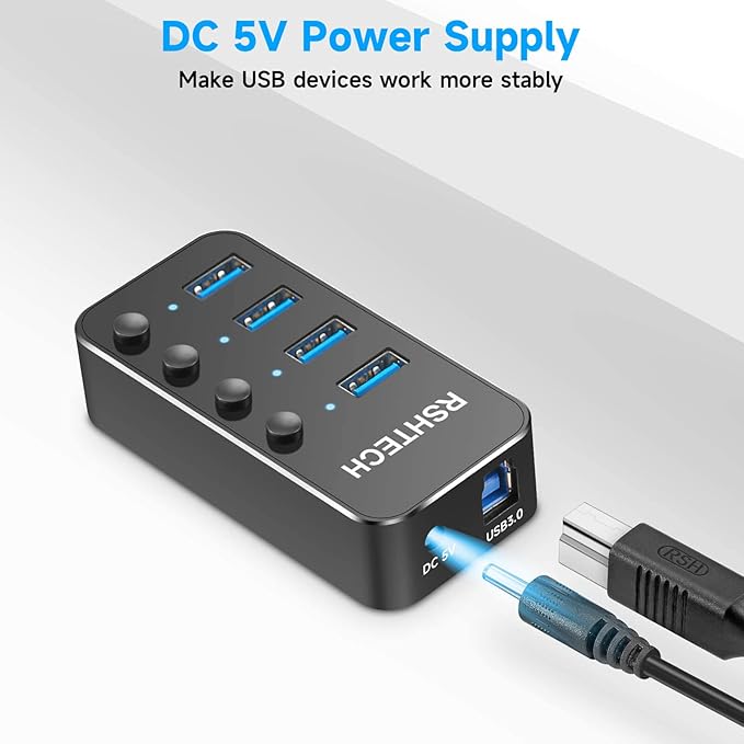 RSHTECH 4 Port Powered USB 3.0/USB C Hub Upgraded Version with 2-in-1 3.3ft USB Cable,5V Power Adapter and Individual Switches, Portable Aluminum USB Splitter for Laptop and PC, RSH-ST04