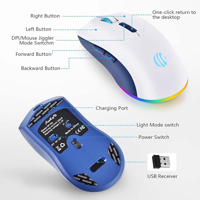 mobiproduct Bluetooth Mouse, Laptop Mouse, Wireless Rechargeable Mouse, 2-in-1 BT 5.2 + 2.4G Silent 1600DPI Mice with USB Receiver, One-Click Return Desktop, Mouse for Laptop, PC, Mac, iPad, White
