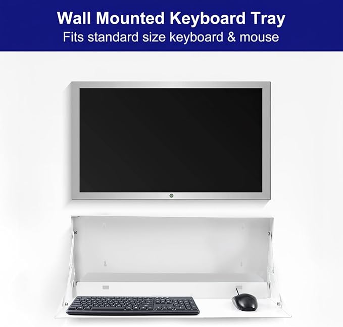 Otoolling 1 Pcs 24 Inch Keyboard Wall Mount Foldable Fits Standard Computer Keyboard Mouse Stand Tray Organizer for Small Offices Apartments, Easy Installation with 4 Screws (White)