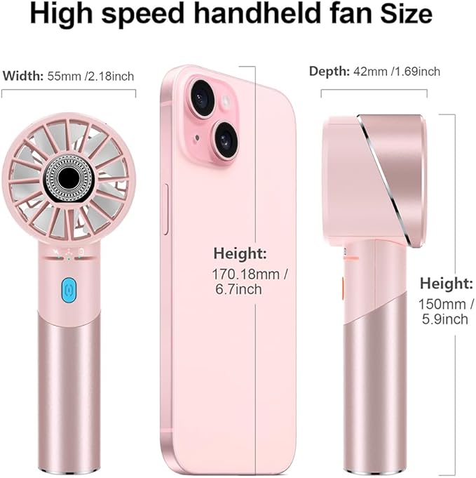 Handheld Fan, Mini Small Portable Turbo Fan, USB Type-C Rechargeable with 4 High Speeds Personal Fans, Max 16 Hours Working Time, Small Hand Fan for Travel, Camping, Office, Home, Outdoor - Pink, G3