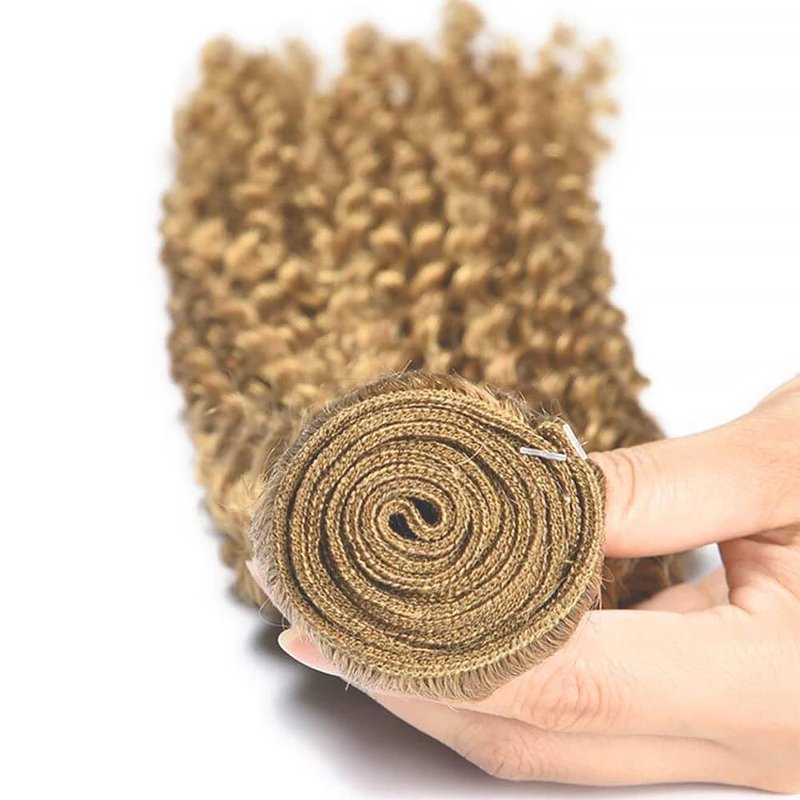 Honey Blonde Human Hair Bundles 14 16 18 Inch Kinky Curly Wave Bundles Human Hair Unprocessed Native Virgin Hair 100/PC 3 Extensions #27 Blonde Color Wet and Wavy Human Hair Extensions for Women