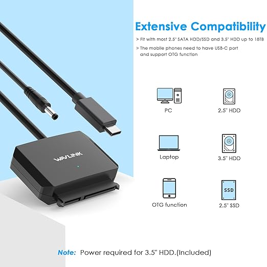 WAVLINK SATA to USB Type-C Hard Drive Cable, 5Gbps USB C to Sata Cable Support UASP, External Hard Drive SATAI/II/III Connector 2.5" SSD/HDD and 3.5" HDD up to 20TB, Power Adapter Included
