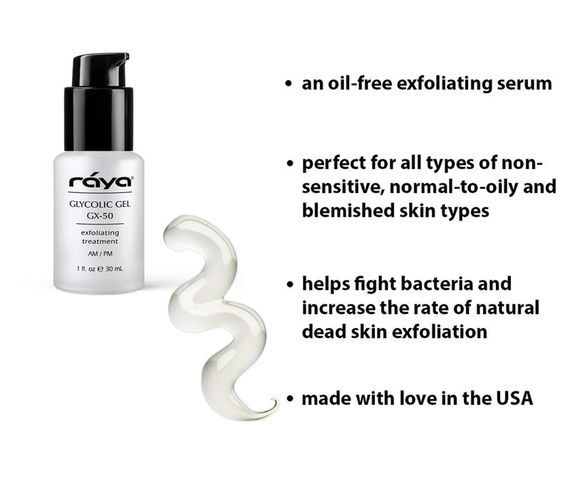 Raya Glycolic Gel GX-50 | Face Exfoliator & Serum | Against-Wrinkle Facial Serums with AHA for Oily & Break-Out Skin | Clears Blemishes, Reduces Oiliness & Fine Lines