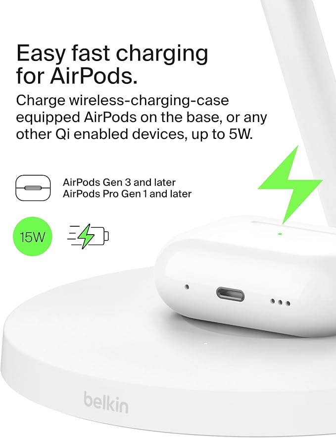 Belkin MagSafe-Compatible iPhone Charger, 3-in-1 Wireless Charging Station, Qi2-Certified 15W Wireless Charge for Apple iPhone 17 Series, Apple Watch, AirPods w/Non-Slip Base, 40W Included - White