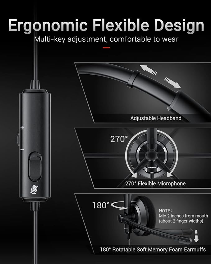 awatrue Wired Headset with Microphone for PC Laptop - 3.5mm Jack On Ear Headphones with Noise Cancelling Microphone for Boom Skype Webinars, in-line Control,Comfortable
