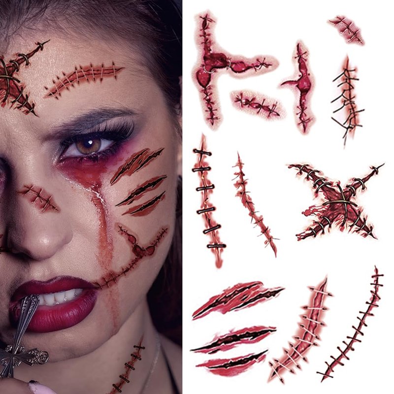 20 Sheets Body Face Fake Scar Halloween Makeup Kit, Halloween Temporary Tattoos Stickers for Kids Women Men, Party Favors Decorations Supplies, Gifts Goodie Bag Fillers
