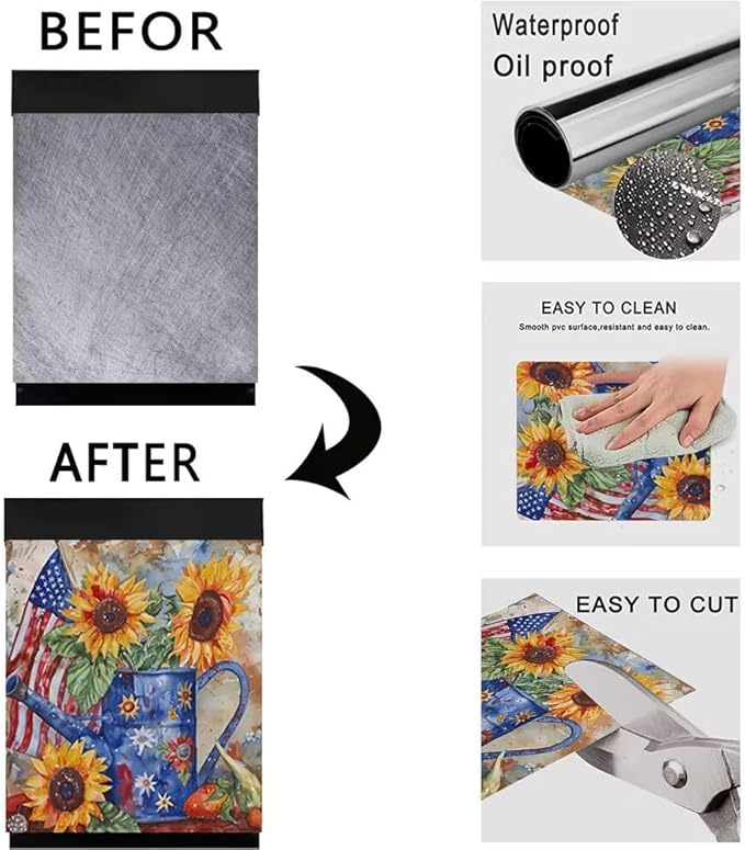 Generic USA Flag Sunflower Dishwasher Face Cover - Magnetic Decorative Farmhouse Flower Stickers, Simple Dishwasher Sticker, Fridge Door Cover, 23Wx26H