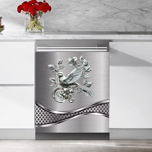 Imitation Stainless Steel Design Bird Painting Dishwasher Cover Magnetic Sticker Refrigerator Door Panel Cover Fridge Appliance Magnet Decal Sheet 23x26 inch