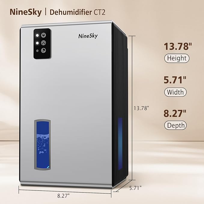 NineSky Dehumidifier,98 OZ Dehumidifiers for Home,(1100 sq.ft) Dehumidifiers for Basement Bathroom Bedroom with Auto Shut Off, Switchable 7 Colors Light(Silver)