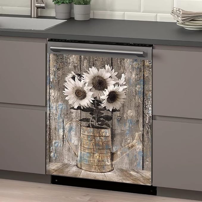 Vintage Wood Dishwasher Magnetic Cover for Door Front,Rustic Wooden Refrigerator Magnet Decor Sunflower Sticker,Country Wood Dishwasher Magnet Panel Decal for Fridge Home Appliance 23"x26"
