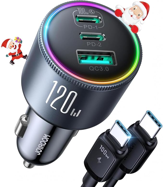 JOYROOM 175W Super Fast Car Charger [GaN] 3-Port Car Charger USB C Fast Charge with USB-C Cable, Car Cigarette Lighter USB Charger for iPhone 17/16/15, Samsung S26/25, Pixel 10, MacBook, iPad and More