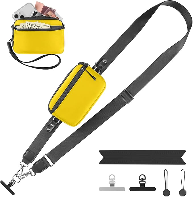 YFWE Clip and Go Strap for Phone with Wallet Crossbody, Adjustable Phone Lanyard with Detachable RFID Wristlet Wallet & Ultra-Thin 360° Rotatable Metal Tabs for All Smartphones (Yellow)