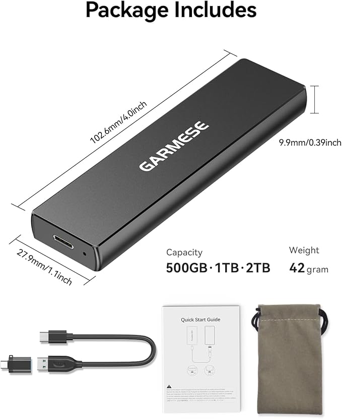 GARMESE 512GB External SSD - Up to 1000MB/s Read Speed USB 3.2 Gen 2 Portable SSD, External Solid State Drives with Type-C Cable for PC Mac Game Console