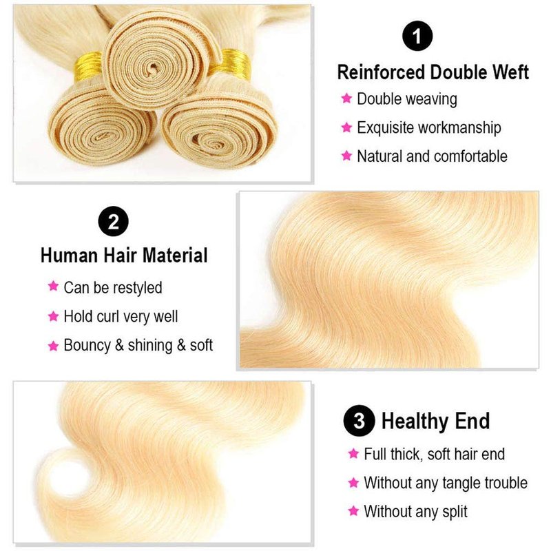 InsQueen 14 inch #613 One Bundle Unprocessed Brazilian Virgin Human Hair Bundles Body Wave Blonde Hair Extensions 100% Virgin Remy Human Hair