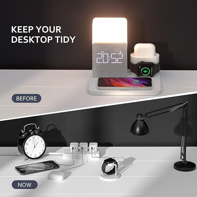 COLSUR Wireless Charging Station, 3 in 1 Charging Station, Alarm Clock with Wireless Charger