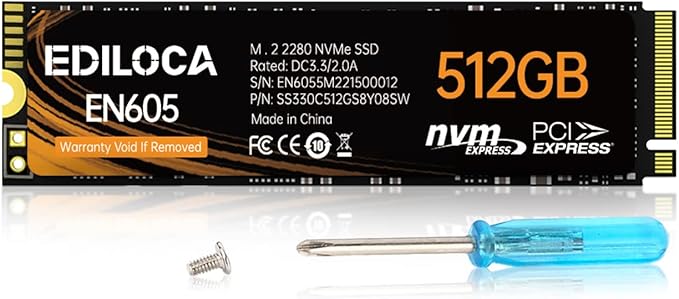 Ediloca EN605 512GB M.2 SSD, NVMe1.3 PCIe Gen3 x4 SSD TLC, Internal Hard Drive, M.2 2280 - Read/Write Speed up to 2100/1300 MB/s - Internal SSD Compatible with Laptop & PC Desktop