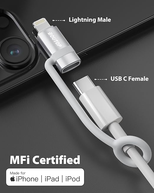 BOUTOP [MFi Certified] 36W USB C to Lightning Adapter, Support PD Fast Charging Compatible with iPhone iPad Airpods, with Anti-Lost Holder Silver -2 Pack