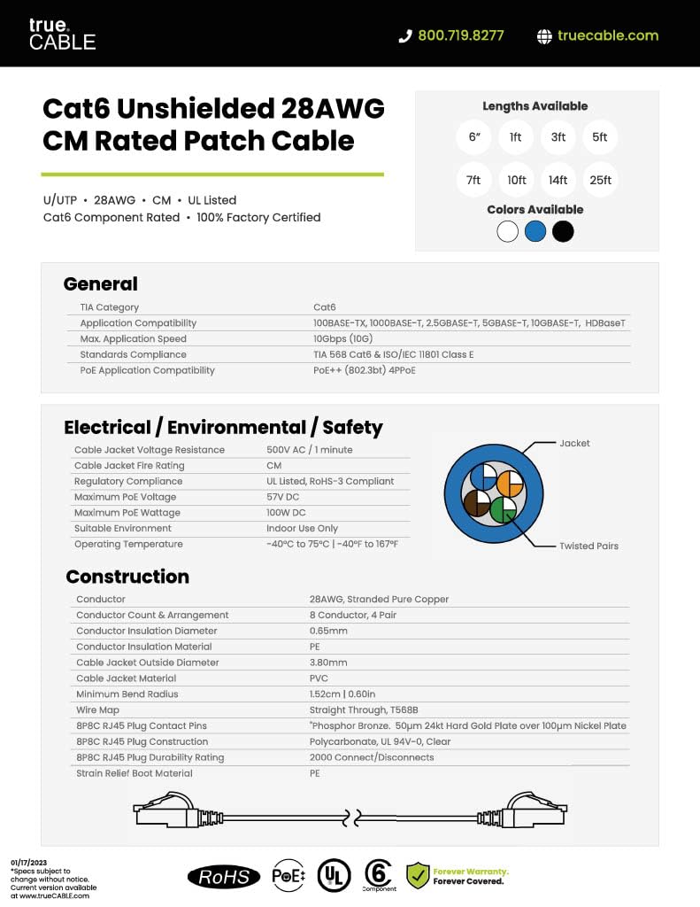 TRUECABLE Cat6 Component Rated Patch Cable, Unshielded (U/UTP), 14ft, Blue, 28AWG Stranded Pure Copper, Snagless 10G High-Speed Ethernet Cable, PoE++ 4PPoE 100W, UL Listed, RoHS-3, 1 Pack