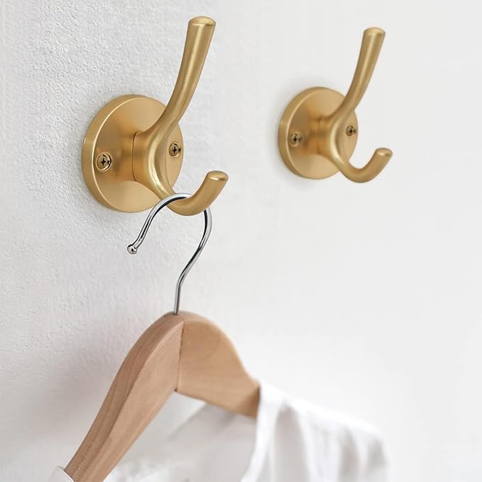NETLKLA 4 Packs Gold Coat Hooks, Silver Robe Hook, Decorative Towel Hooks, Heavy Duty Double Prong Wall Hooks, Metal Closet Hooks, Hat Hooks for Hanging for Bathroom, Kitchen and Office