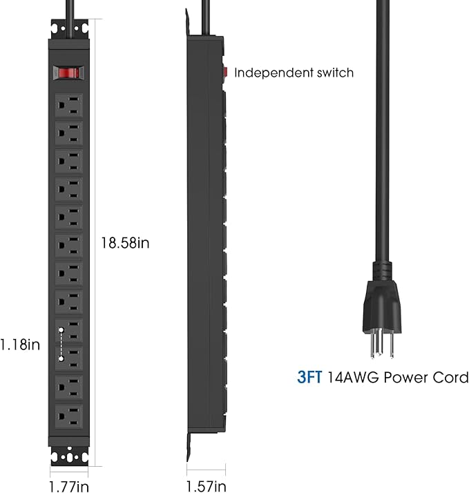 HHSOET Rotating Mountable Power Strip, 12 Outlet Wall Mount Surge Protector, 1200J, Metal Heavy Duty and Versatile Outlet Strip, Stylish Appearance, Sturdy and Durable, 3ft Power Cord.(Black)