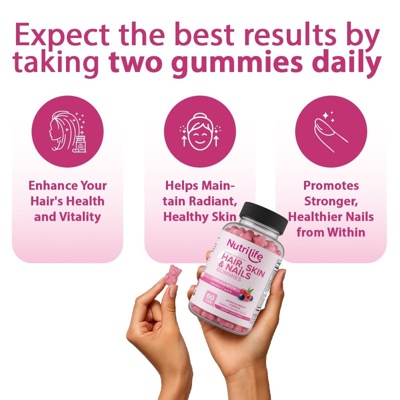 NutriLife Advanced Hair, Skin & Nails Gummies – Biotin with Vitamin C & E – Vegan Beauty Support – Promotes Hair Growth, Strong Nails & Radiant Skin – Non-GMO, Gluten-Free, Made in USA