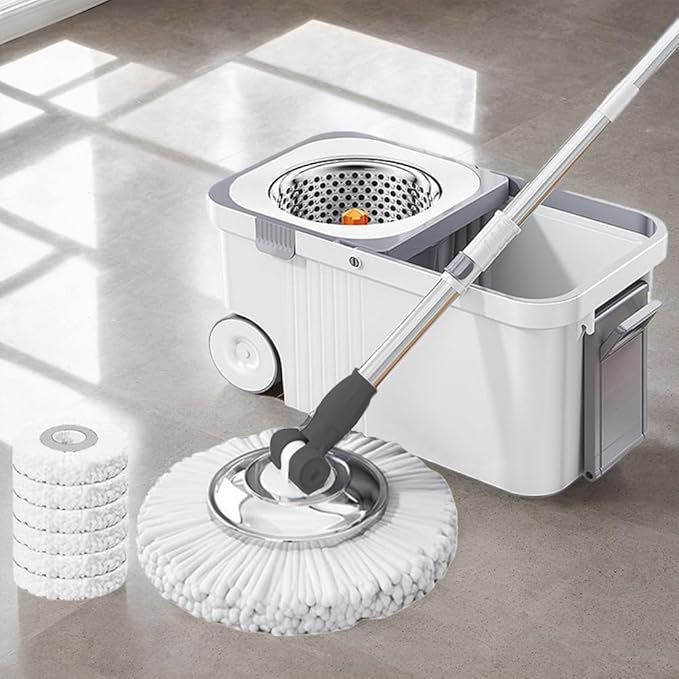 360 Spinning Floor Cleaning System with 6 Replacement Head Refills Extended Handle Household Cleaning Automatic Hand-Free Automatic Dehydration Mop for Household Floor Cleaning (White Blue)