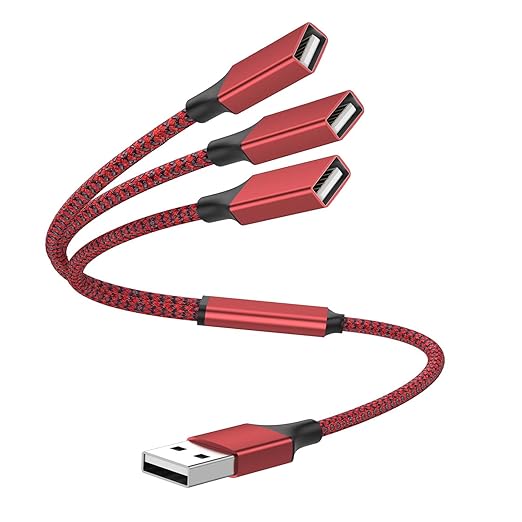POHFP 1FT USB Splitter 3 in 1 Out, A Male to 3 Female Extension Cable, USB Y Splitter Support Charging and Data Transfer for TV/PC/Laptop/MacBook/Keyboard/ PS4/ PS5/ Flash Drive/LED Etc.(Red)
