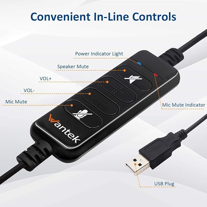Wantek USB Headset with Microphone Noise Cancelling & Audio Controls, Computer Headphones for PC Laptop, Business, Home Office, Call Center, Skype, Zoom, Webinar, Clear Chat, Super Light,Single