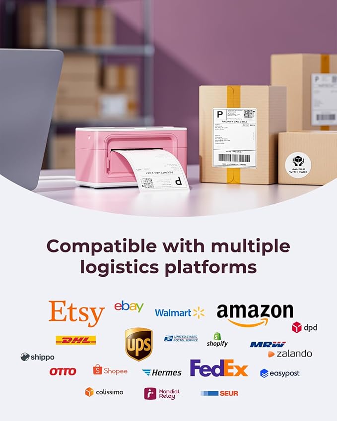 MUNBYN Bluetooth Thermal Label Printer 941BP, Wireless 300DPI 4x6 Shipping Label Printer for Small Business, Compatible with Windows, Mac, iPhone, Android, PC, Amazon, Shopify, Etsy, USPS (Pink)