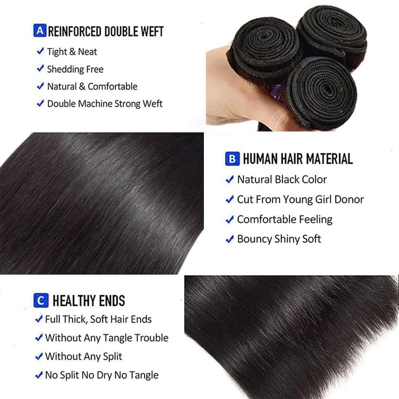 Straight Human Hair Bundles 14 16 18 Inch Trippy Hair Quick Weave 3 Bundles Human Hair 100% Unprocessed Raw Brazilian Virgin Hair Extensions for Black Women Natural Color