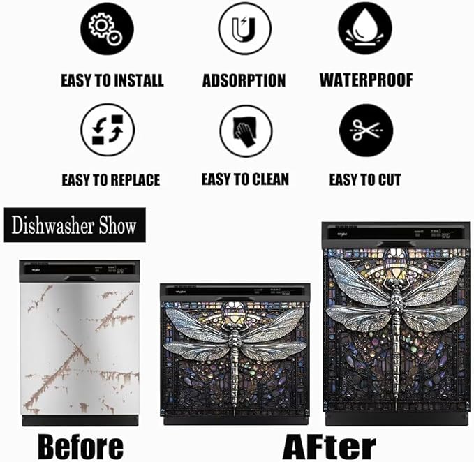 Retro Dragonfly Dishwasher Magnet Cover, Modern Art Deco Fridge Panel Magnetic Decal Home Kitchen Decor, Reusable Dishwasher Covers,23 x 17 inch