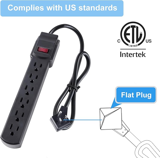 PowerEnvy 6-Outlet Surge Protector – 250 Joules, 2ft Cord, 15A/125V, 1875W Max – Right Angle Plug, Black – Home, Office, & Electronics Protection
