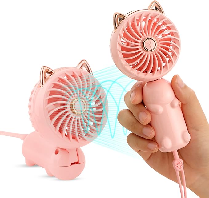QearFun Handheld Lanyard Fan Portable, Mini Hand Held Fan with USB Rechargeable Battery, 3 Speed Strong Personal Table Fan, 8-12 Hours Small Makeup Fan for Girls Women Travel Beach (Pink)