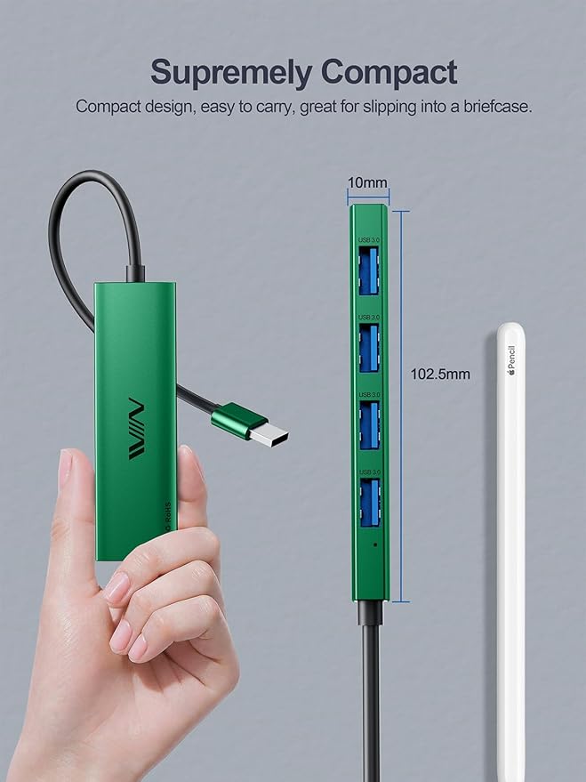 USB 3.0 Hub, 4 Port USB Hub Splitter, USB A Expander Portable USB Adapter Multiport Data Hub for Laptop, iMac Pro, MacBook Air, Mac mini/Pro, Surface Pro, USB Flash Drives, and Mobile HDD-Green