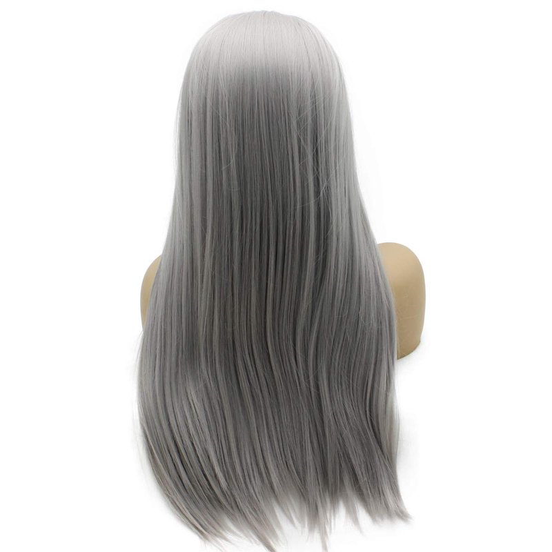 Iwona Gray Straight Wig Half Hand Tied Heat Resistant Fiber Hair Synthetic Lace Front Wig